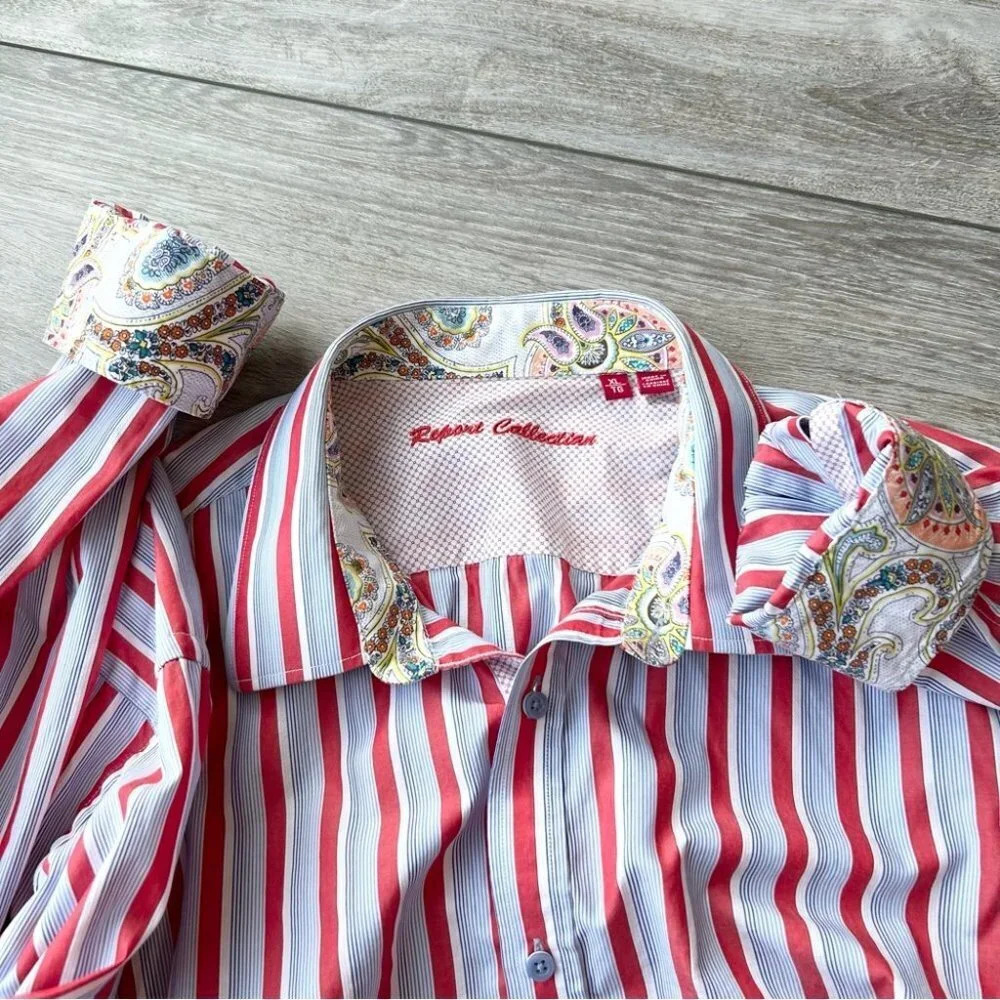 Report Collection Striped Pattern Paisley Pattern Cuffs Button Down Shirt - Picture 4 of 16